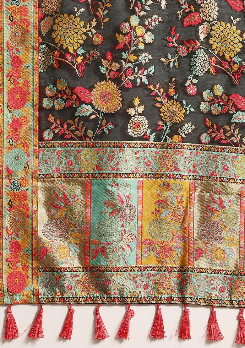 Black Embroidered Woven Thread Saree With Blouse - Indya