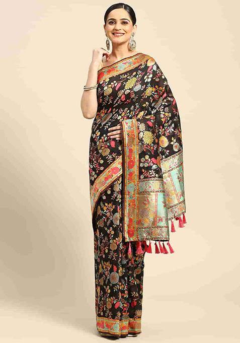 Black Embroidered Woven Thread Saree With Blouse