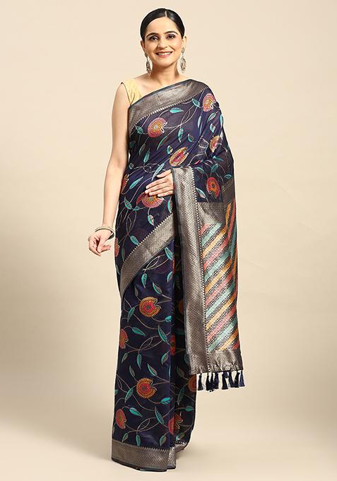 Navy Blue Zari Embroidered Woven Thread Saree With Blouse
