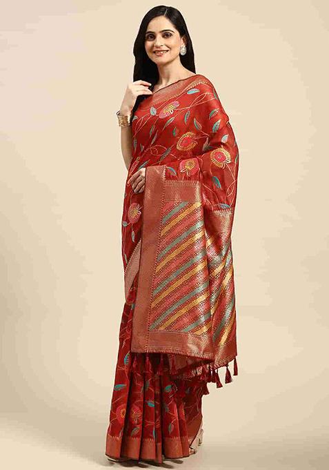 Red Zari Embroidered Woven Thread Saree With Blouse