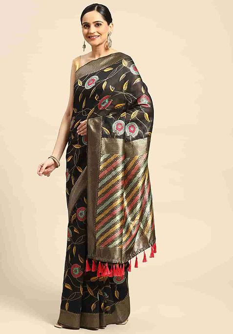Black Zari Embroidered Woven Thread Saree With Blouse
