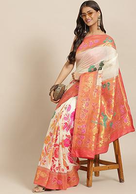 Off White Handloom Dhakai Jamdani Cotton Blend Saree With Blouse