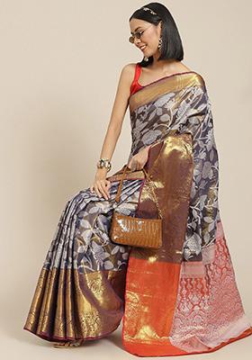 Navy Blue Ikkat Zari Woven Saree with Blouse