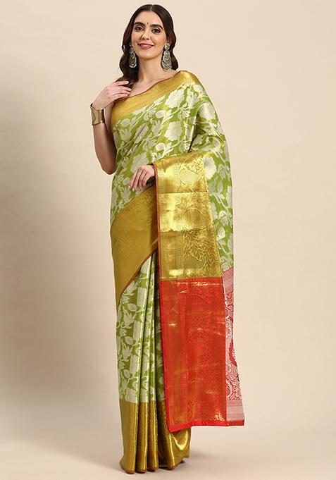Lime Green Tissue Silk Blend Saree With Blouse