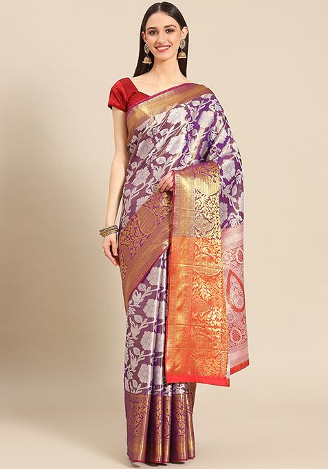 Purple Tissue Silk Blend Saree With Blouse