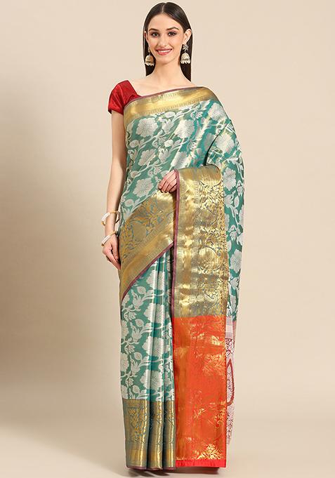 Teal Tissue Silk Blend Saree With Blouse