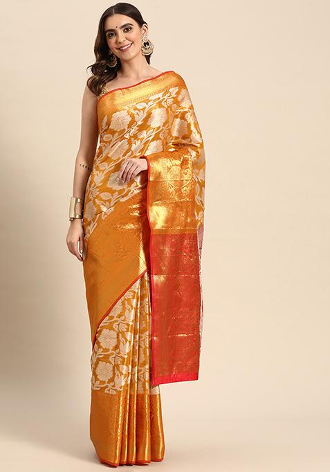 Yellow Tissue Silk Blend Saree With Blouse