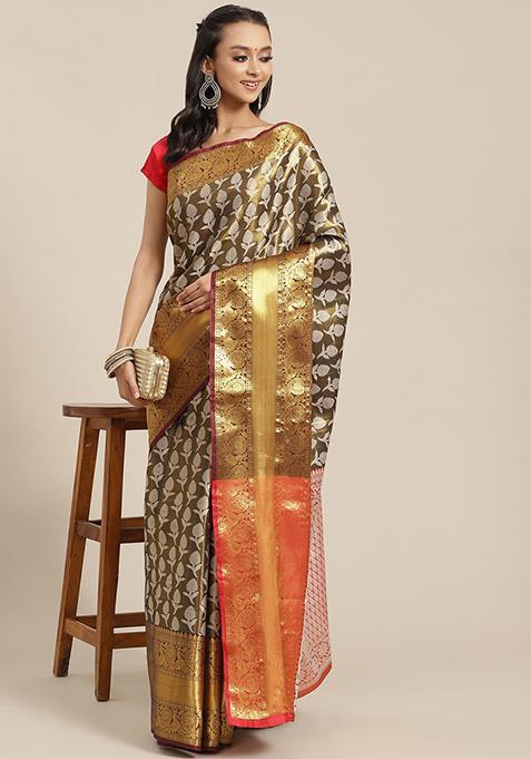 Black Brocade Embroidered Silk Saree With Blouse