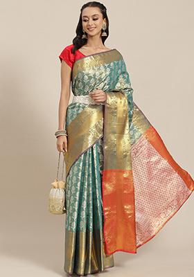 Teal Brocade Silk Saree With Blouse