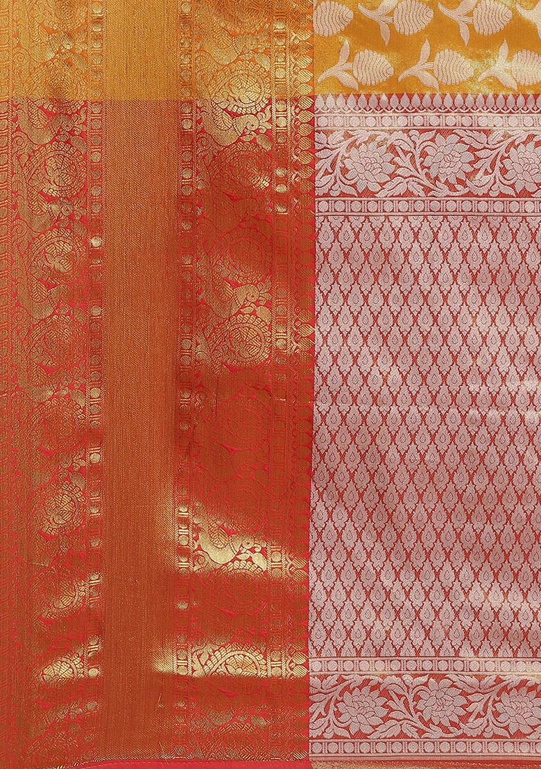 Mustard Brocade Embroidered Silk Saree With Blouse - Indya