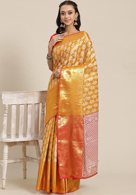 Mustard Brocade Embroidered Silk Saree With Blouse