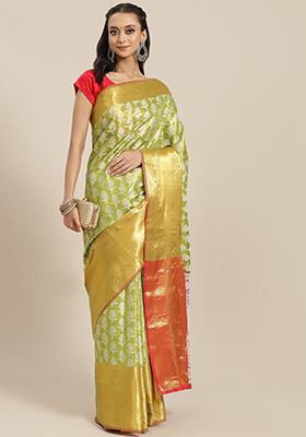 Lime Green Brocade Silk Saree With Blouse