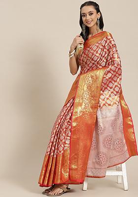 Red Brocade Silk Zari Work Saree With Blouse