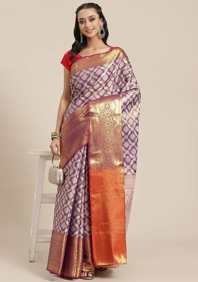 Purple Brocade Silk Zari Work Saree With Blouse - Indya