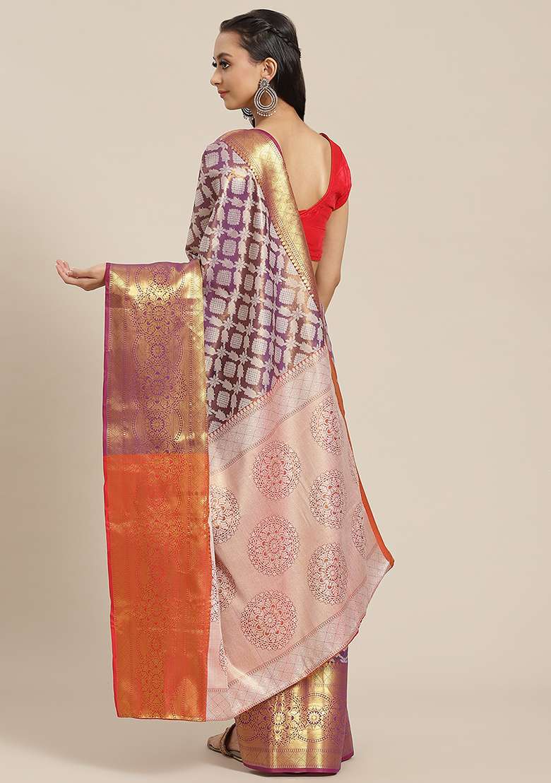 Purple Brocade Silk Zari Work Saree With Blouse - Indya