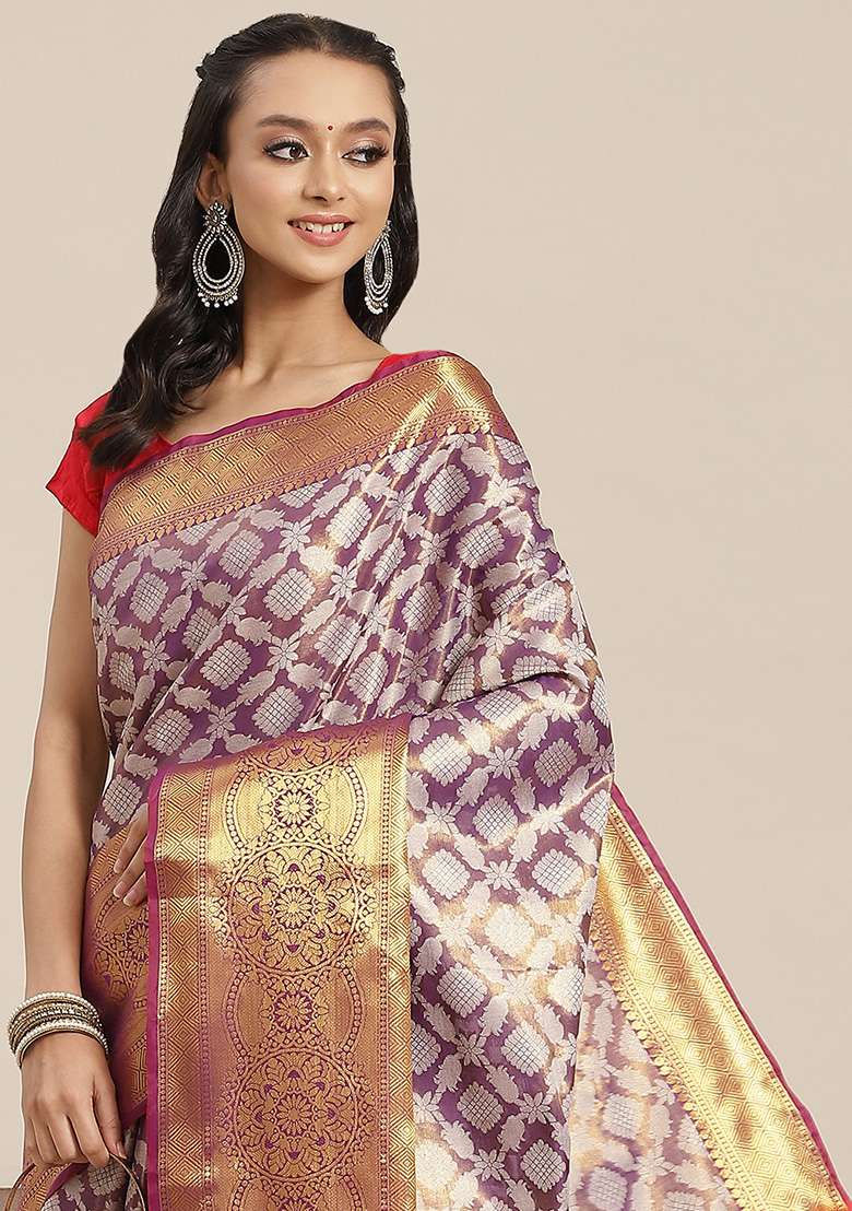 Purple Brocade Silk Zari Work Saree With Blouse - Indya