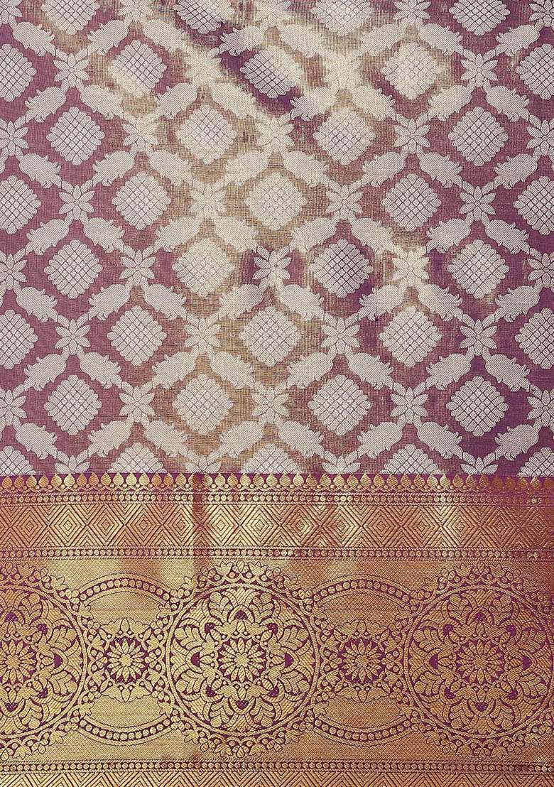 Purple Brocade Silk Zari Work Saree With Blouse - Indya