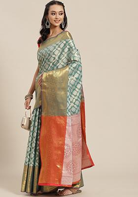Teal Brocade Silk Zari Work Saree With Blouse
