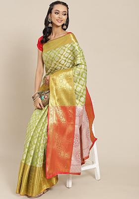 Lime Green Brocade Silk Zari Work Saree With Blouse