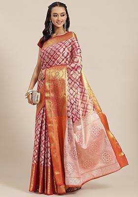 Pink Brocade Silk Zari Work Saree With Blouse