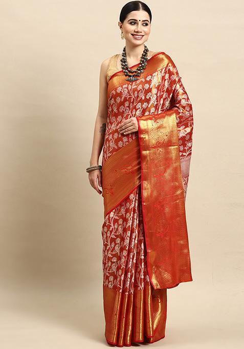 Red Brocade Saree With Blouse