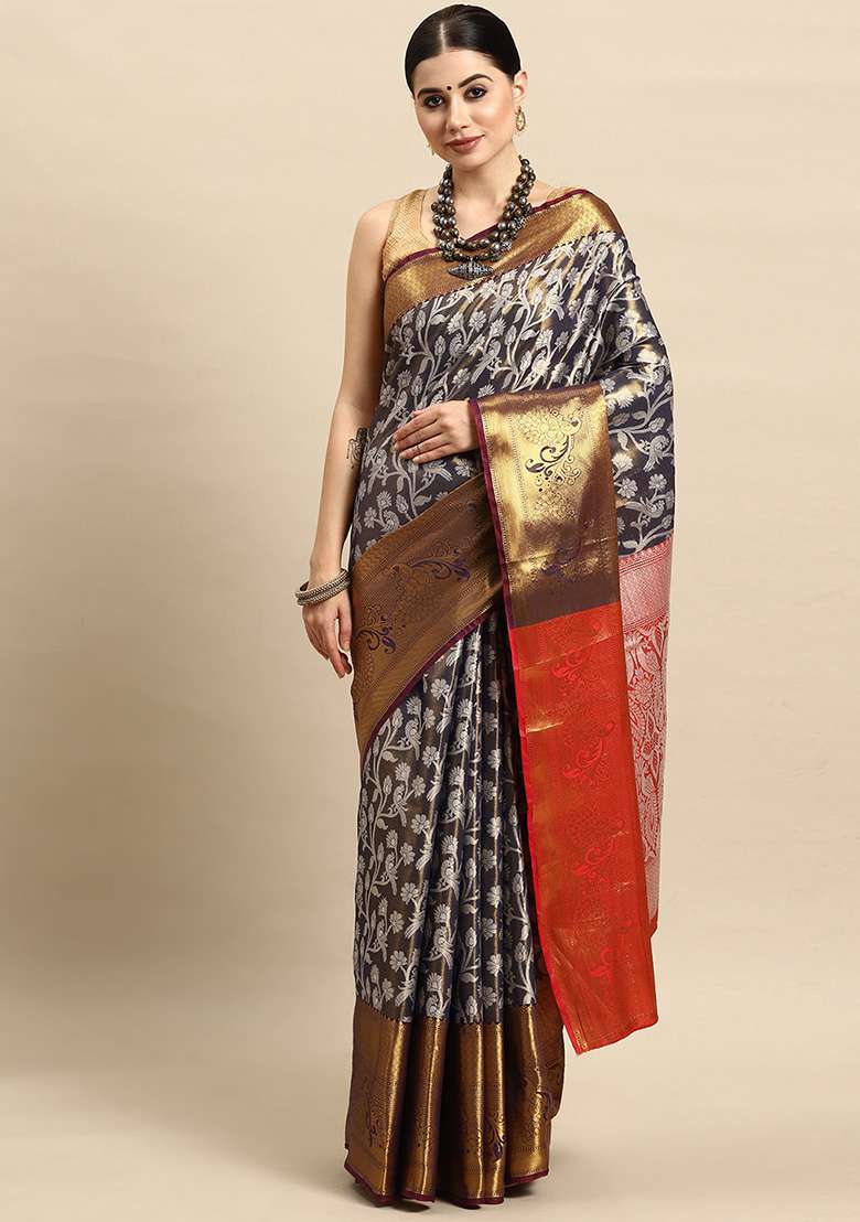 Navy Blue Brocade Silk Saree With Blouse - Indya