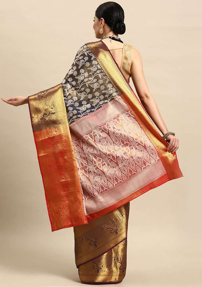 Navy Blue Brocade Silk Saree With Blouse - Indya