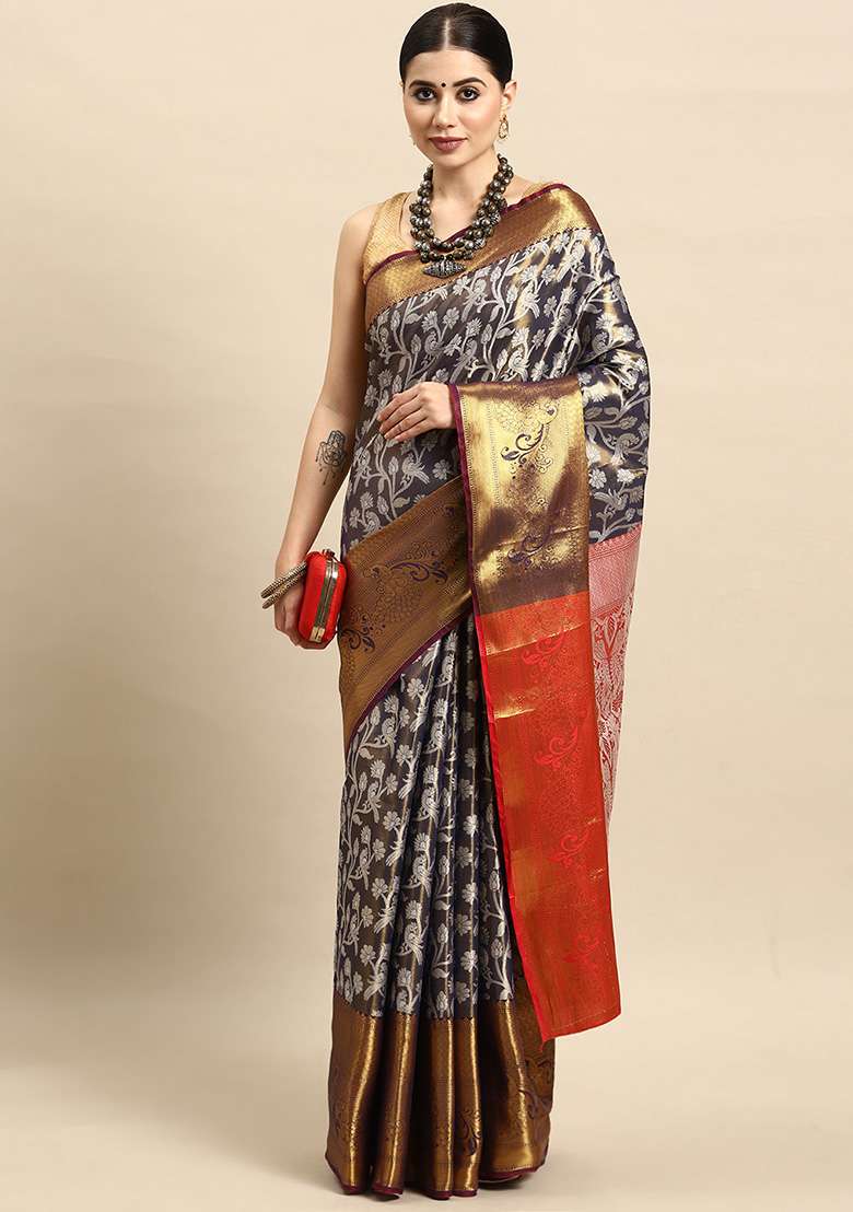 Navy Blue Brocade Silk Saree With Blouse - Indya