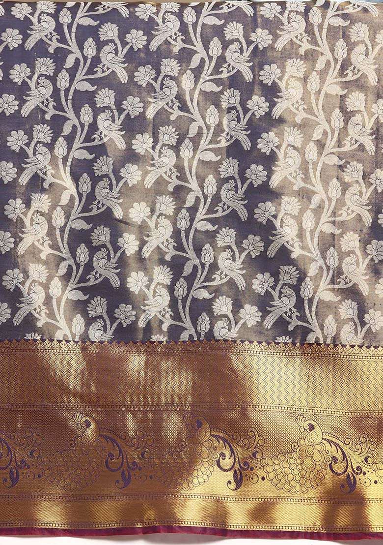 Navy Blue Brocade Silk Saree With Blouse - Indya