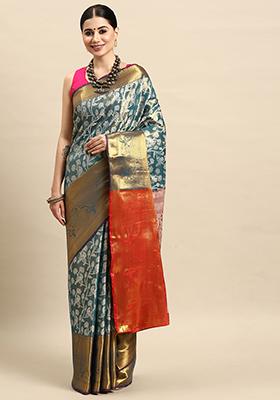 Teal Brocade Saree With Blouse