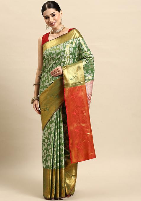 Green Brocade Silk Saree With Blouse