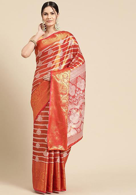 Red Brocade Silk Ethnic Motif Saree With Blouse