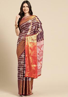Wine Brocade Silk Ethnic Motif Saree With Blouse
