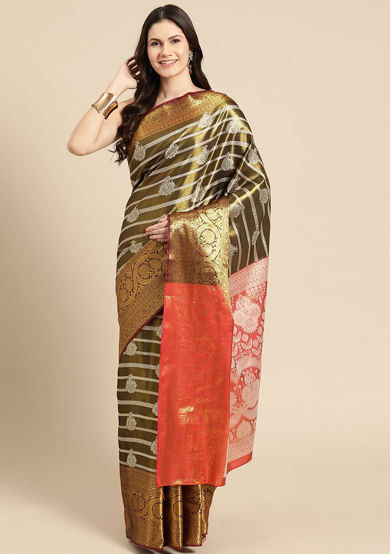 Black Brocade Silk Ethnic Motif Saree With Blouse - Indya