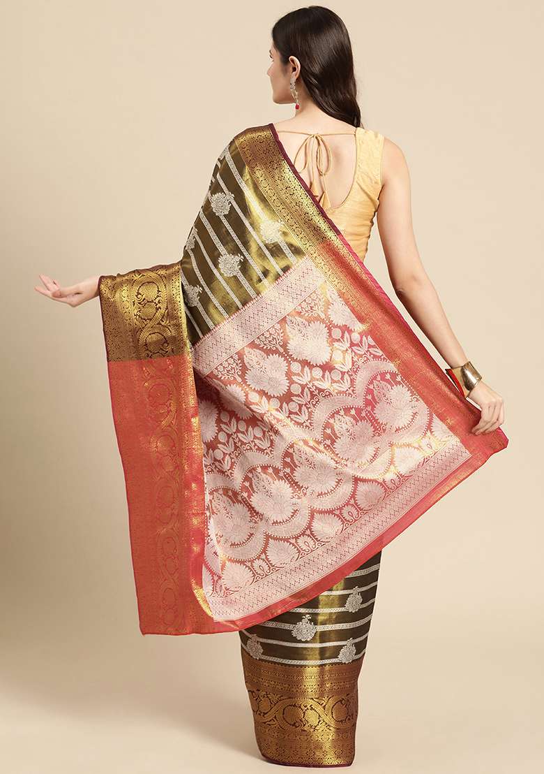 Black Brocade Silk Ethnic Motif Saree With Blouse - Indya