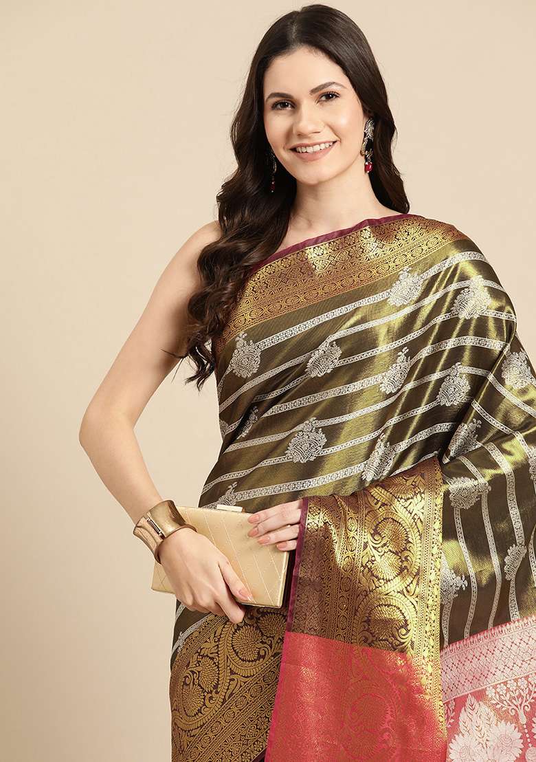 Black Brocade Silk Ethnic Motif Saree With Blouse - Indya