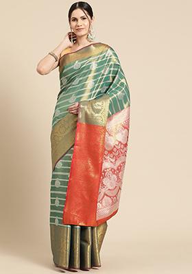 Teal Brocade Silk Ethnic Motif Saree With Blouse