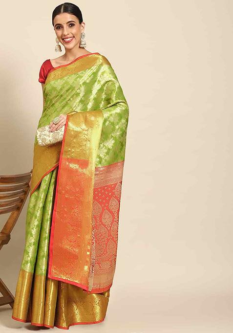 Green Brocade Soft Silk Zari Woven Saree With Blouse