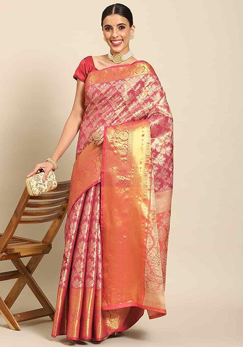 Pink Brocade Soft Silk Zari Woven Saree With Blouse