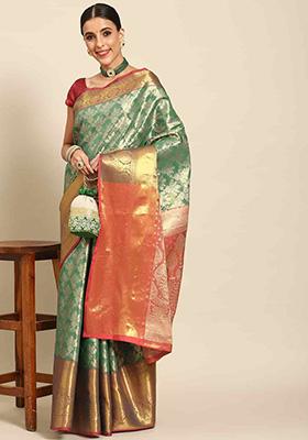 Teal Brocade Soft Silk Zari Woven Saree With Blouse