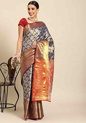 Navy Blue Brocade Soft Silk Zari Woven Saree With Blouse