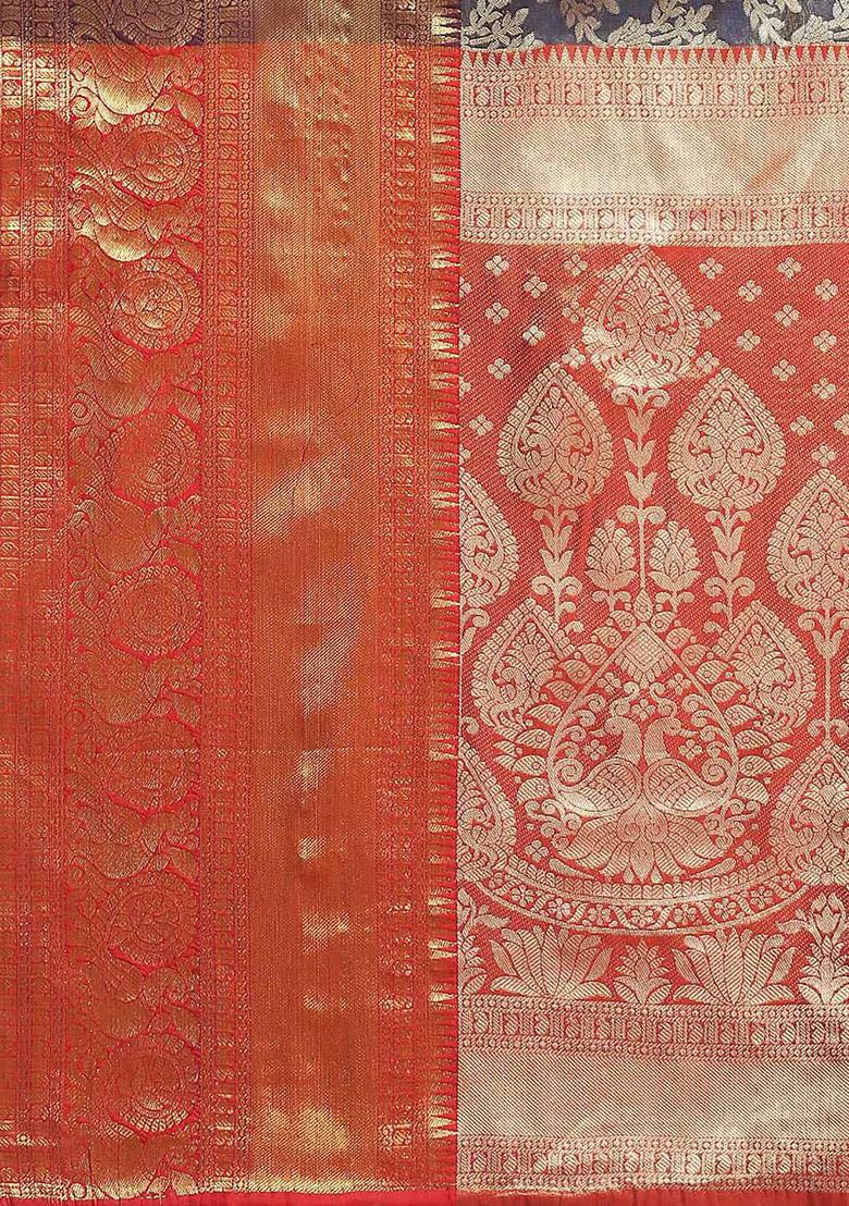 Navy Blue Brocade Soft Silk Zari Woven Saree With Blouse - Indya