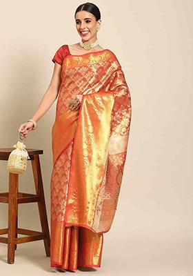 Red Brocade Soft Silk Zari Woven Saree With Blouse