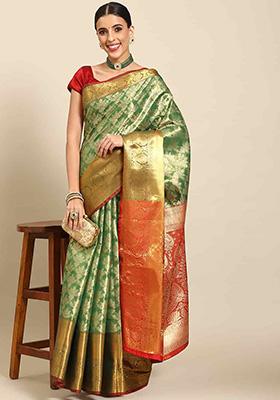Green Brocade Soft Silk Zari Work Saree With Blouse