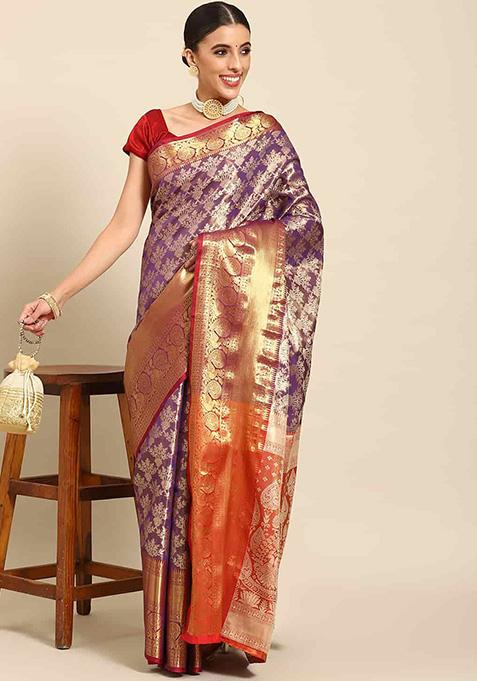 Purple Brocade Soft Silk Zari Work Saree With Blouse