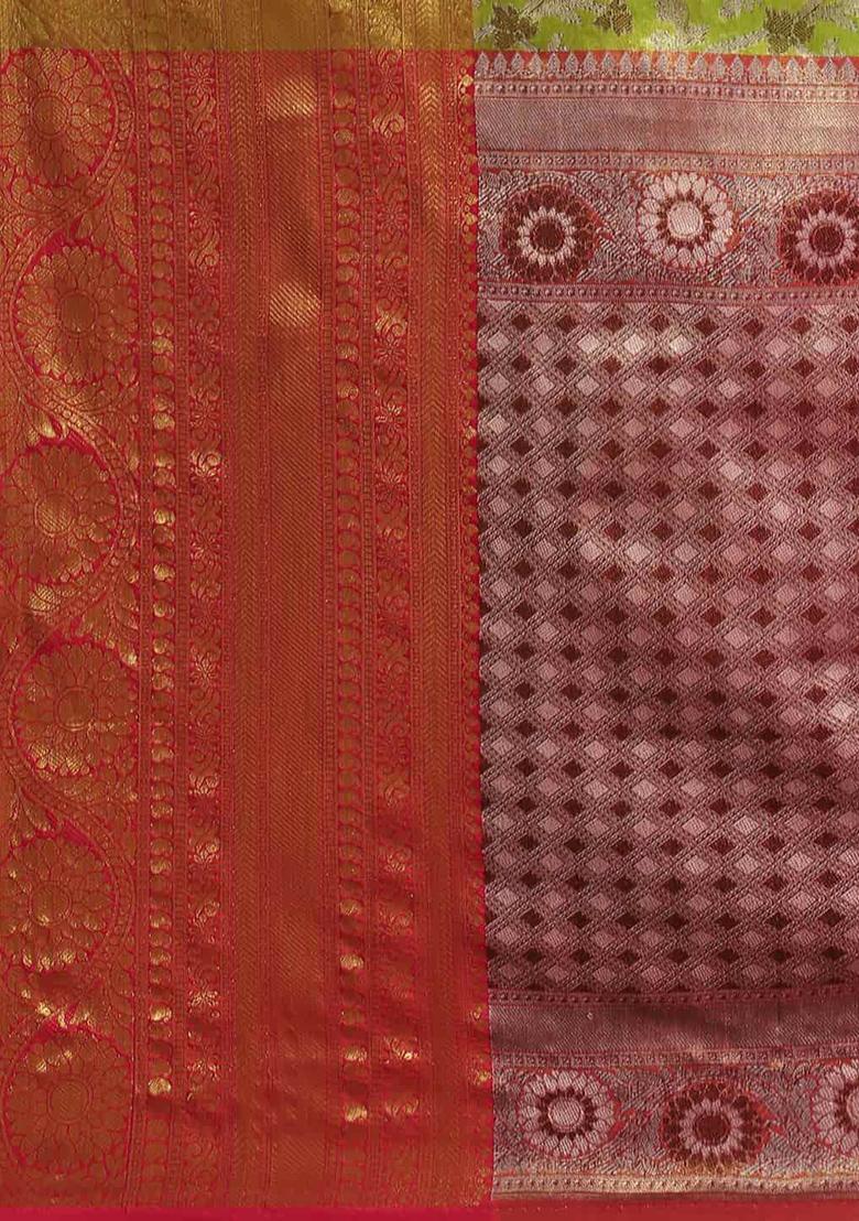 Green Brocade Soft Silk Saree With Blouse - Indya