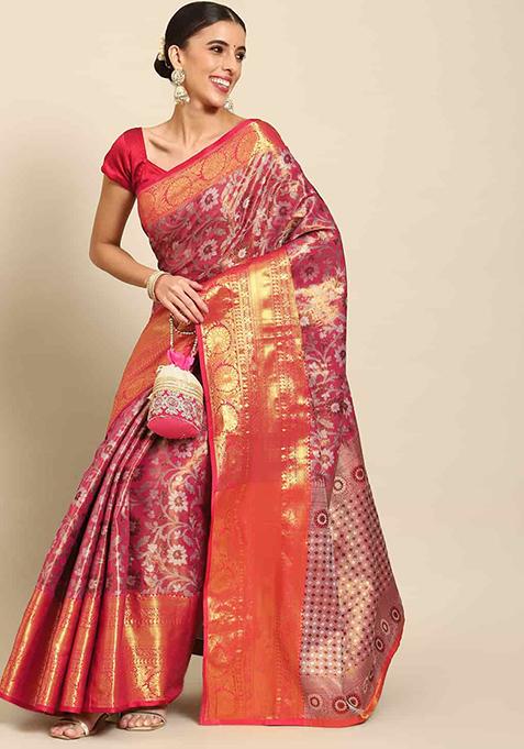 Pink Brocade Soft Silk Zari Work Saree With Blouse