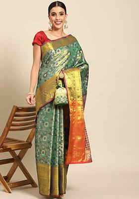 Teal Brocade Soft Silk Zari Work Saree With Blouse