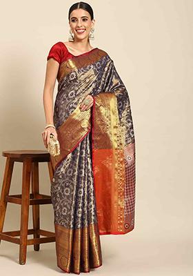 Navy Blue Brocade Soft Silk Zari Work Saree With Blouse