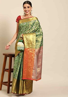 Green Zari Work Brocade Soft Silk Saree With Blouse
